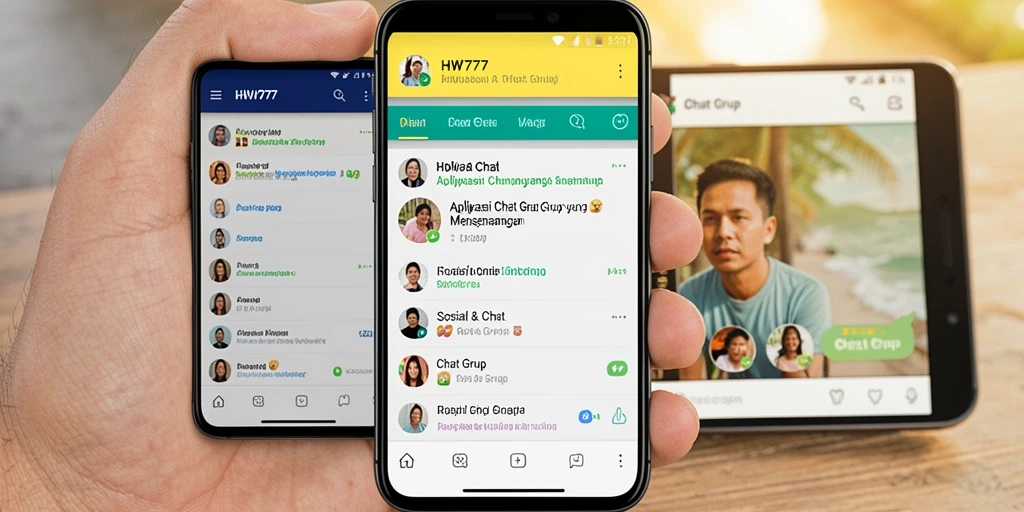 Tampilan antarmuka percakapan grup HW777 yang modern dan interaktif.