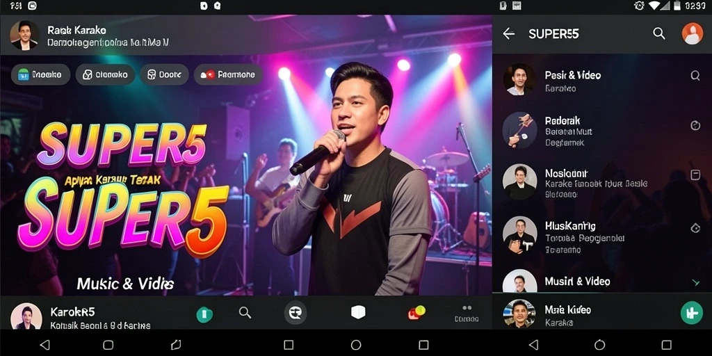 Tampilan antarmuka SUPER5 yang menarik dan kaya fitur untuk karaoke.
