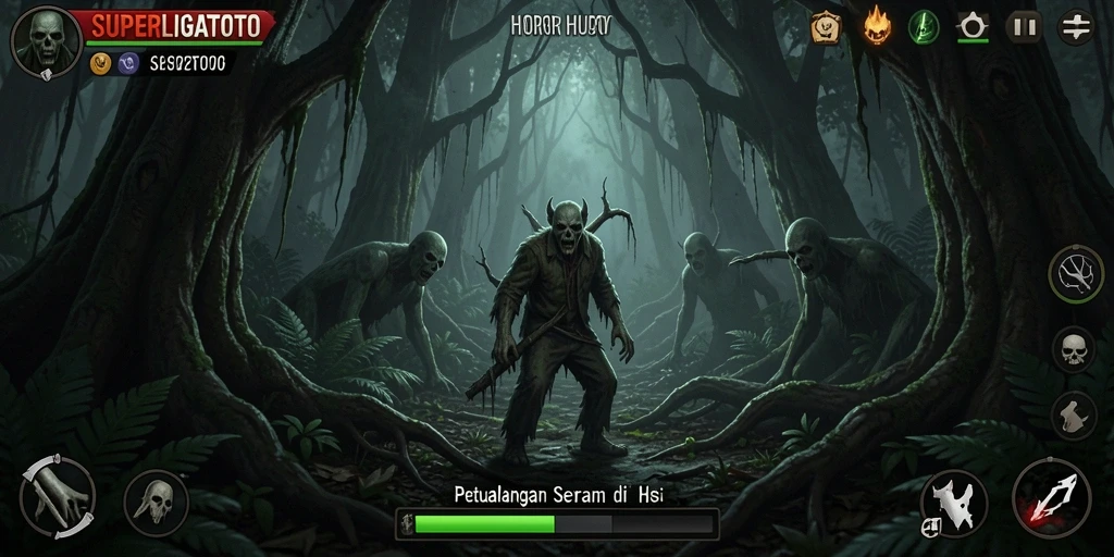 Screenshot SUPERLIGATOTO menampilkan suasana mencekam di hutan gelap.
